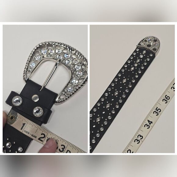Christine Alexander Black Leather Swarovski Rhinestones Western Belt Women\'s L